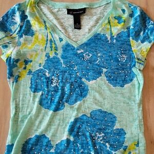 INC International Concepts Women's Teal and Blue Floral Tee